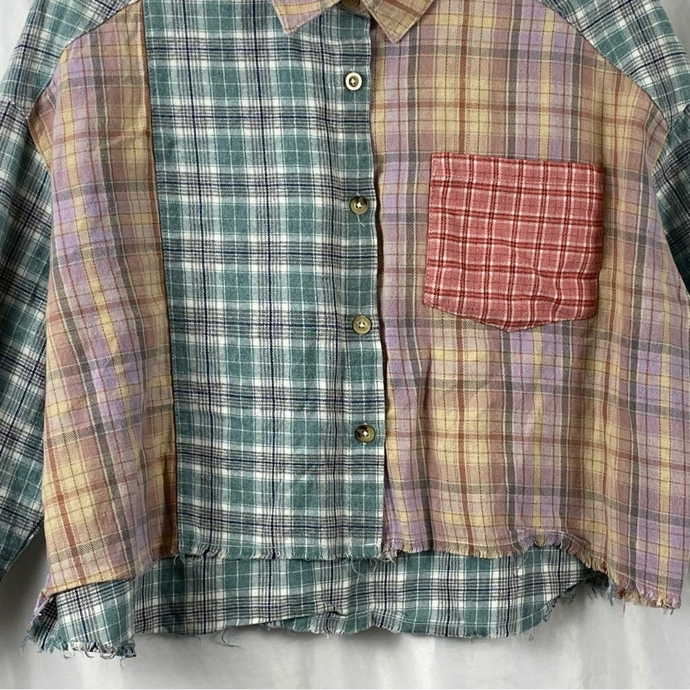 Nectar Clothing Women’s Plaid Patchwork Long Sleeve Cropped Shirt Size Small - Picture 7 of 16